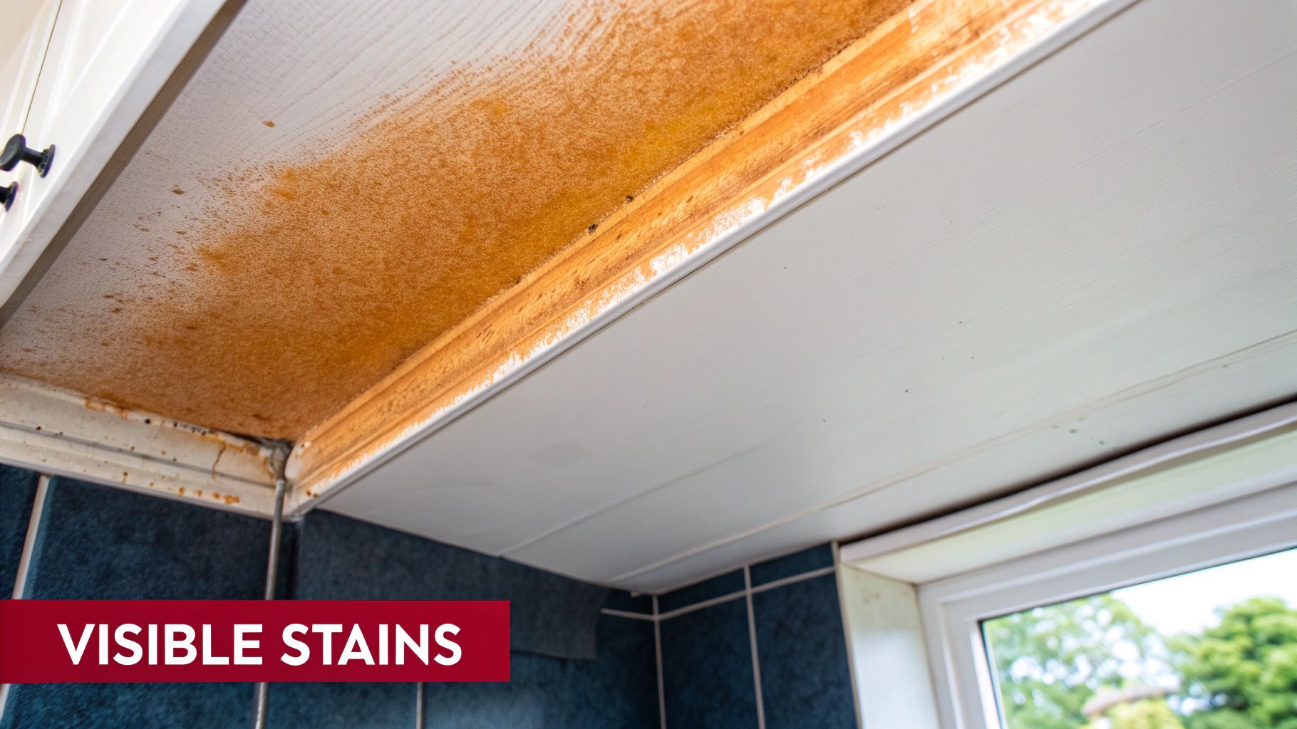 Close-up of a white ceiling with extensive orange and brown discoloration, indicating one of the top five signs your property may need meth testing: visible stains.