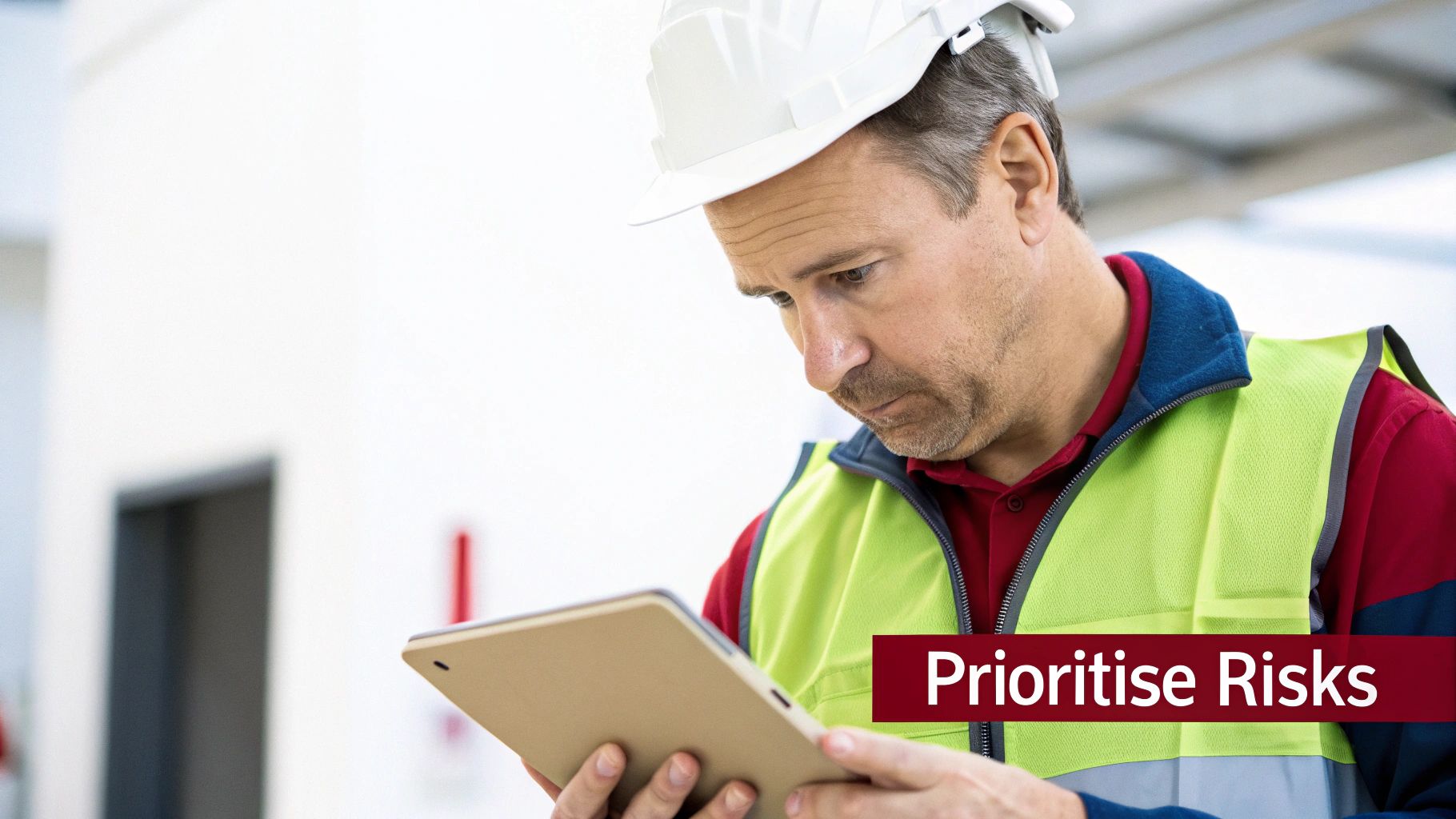 A man in a hard hat and high-vis vest prioritizes risks on a digital tablet, demonstrating how to prioritise risks in a risk register.