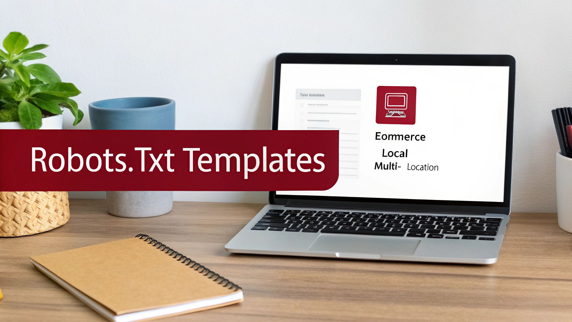 A laptop on a desk displays 'Robots.Txt Templates' in a red banner, relevant for technical SEO and e-commerce strategies.