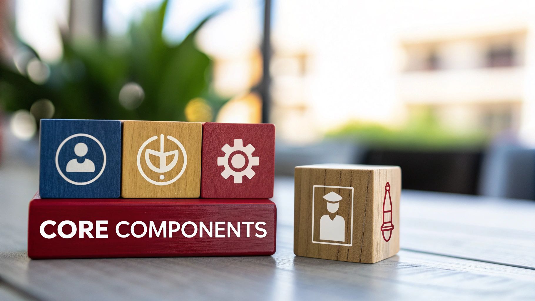 Blocks show 'CORE COMPONENTS' with icons for user, safety, and operations management.