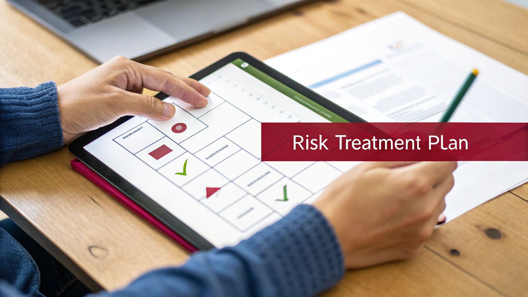 Person reviewing a digital 'Risk Treatment Plan' on a tablet, with a laptop nearby.