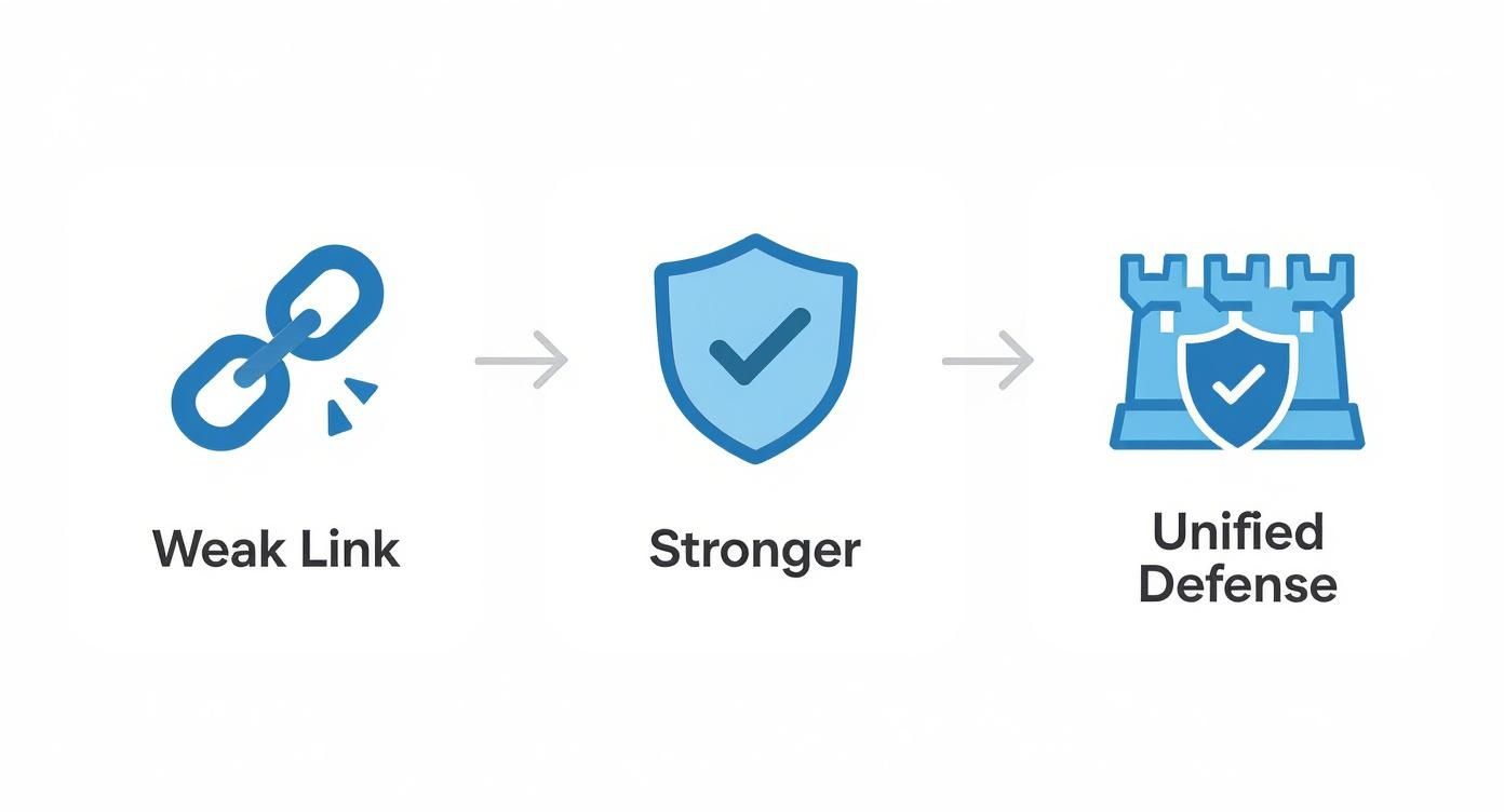 A diagram illustrating the progression from a weak link to a stronger defense, culminating in a unified security system.