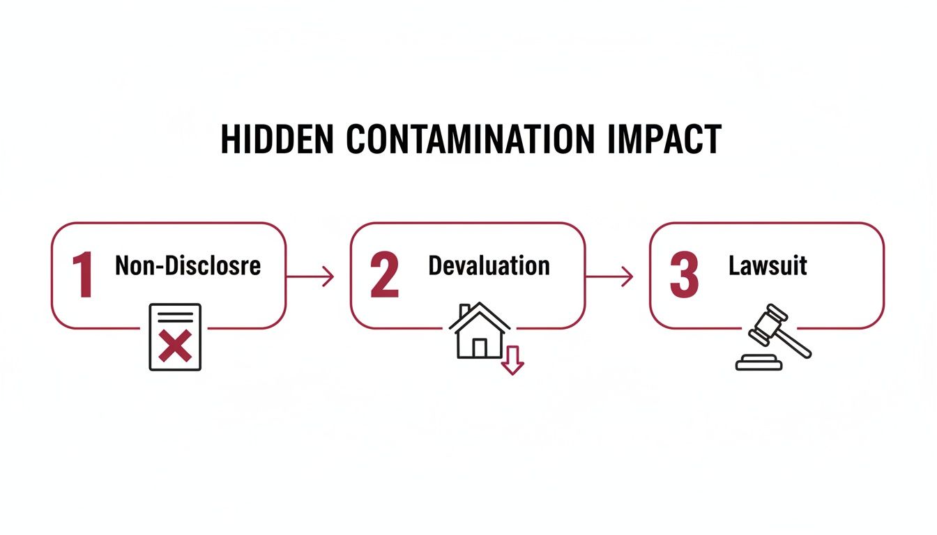 A process flow diagram illustrates the impact of hidden contamination: Non-Disclosure, Devaluation, and Lawsuit.