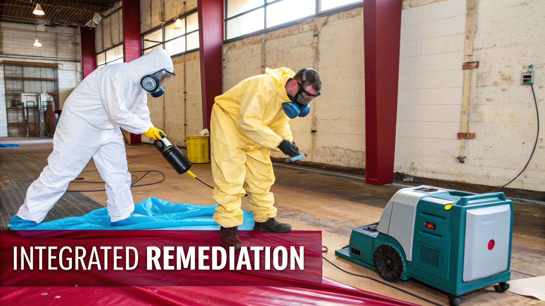 Two workers in hazmat suits performing integrated remediation with specialized equipment in an industrial setting.