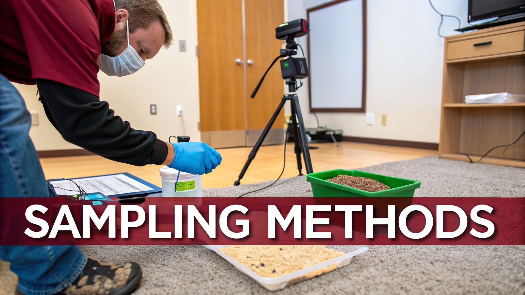 A masked person in blue gloves samples materials from containers on a carpeted floor, with a camera on a tripod nearby.