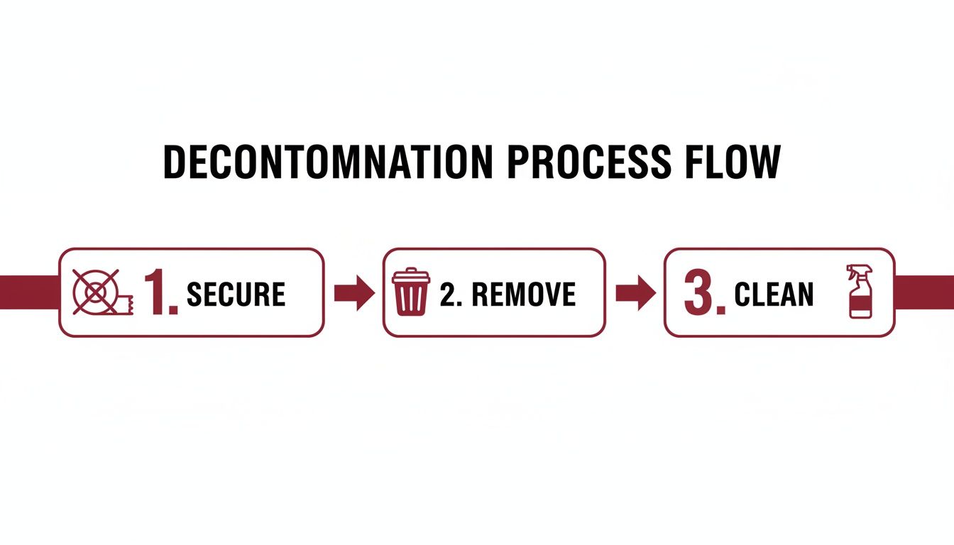A decontamination process flow diagram illustrating three key steps: Secure, Remove, and Clean.