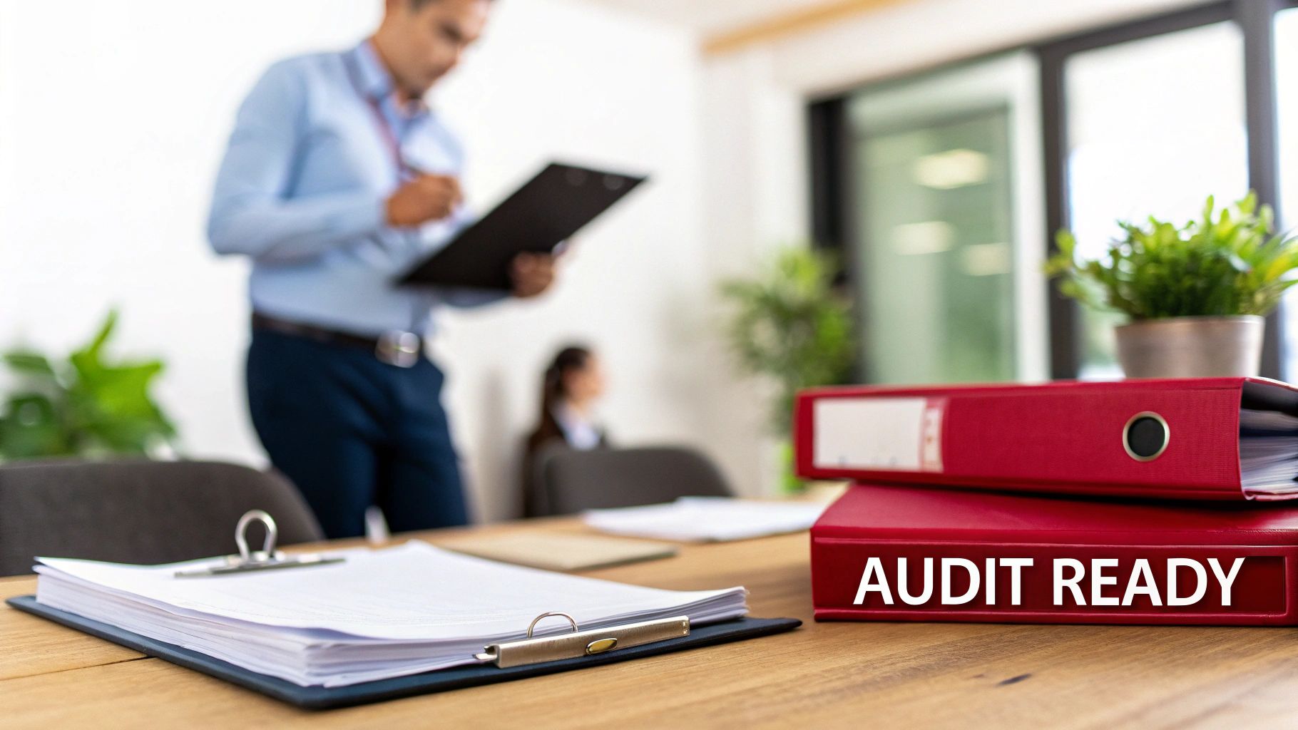An auditor reviewing documents with a team in a meeting room.