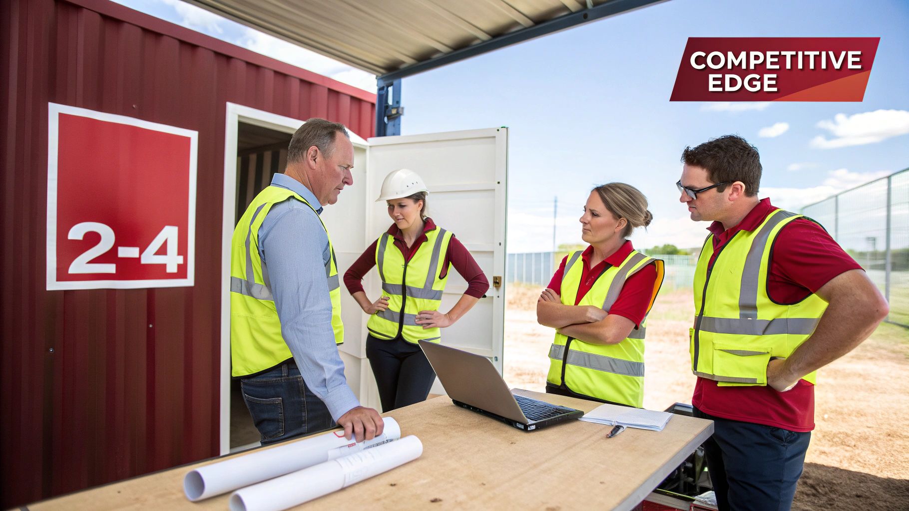 Four construction workers, including one in a hard hat, discuss plans with a laptop and blueprints.