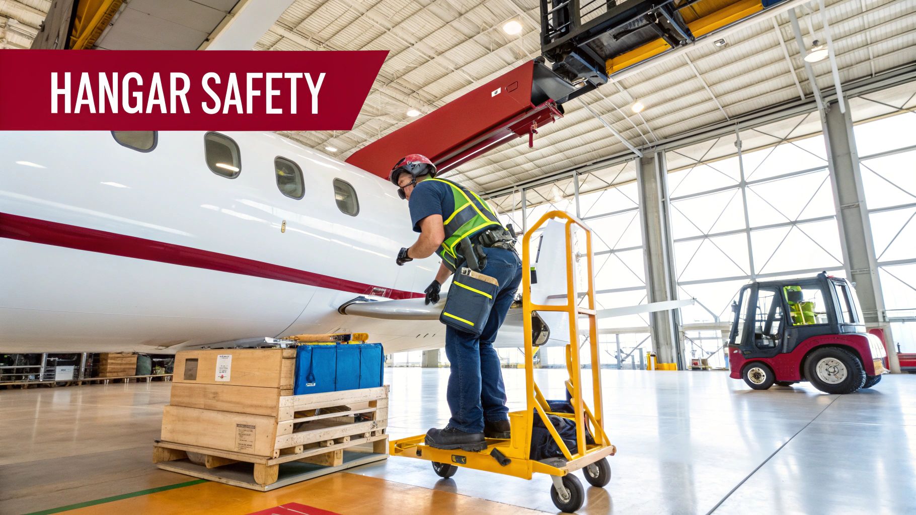 A worker in safety gear performs maintenance on an airplane inside a bright hangar, emphasizing hangar safety.