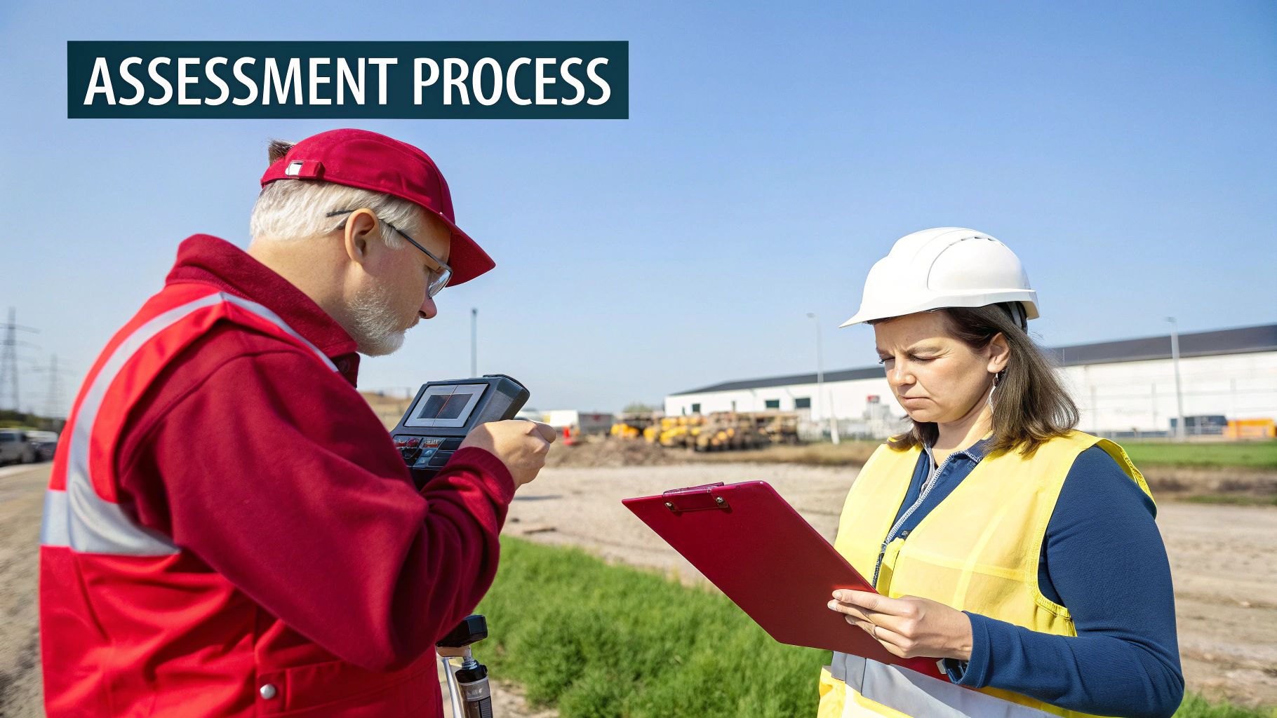 A professional consulting occupational hygienist conducting an on-site assessment.