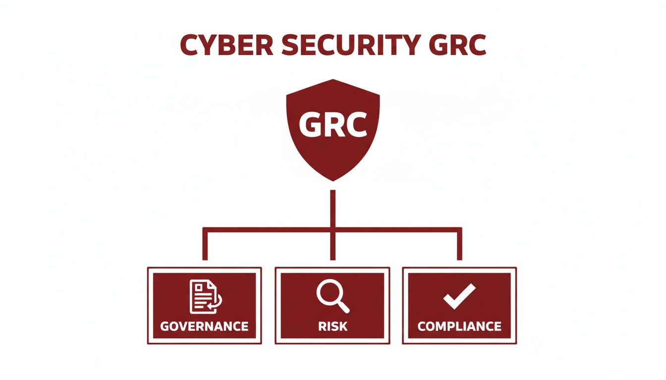 A conceptual diagram illustrating Cyber Security GRC, encompassing Governance, Risk, and Compliance elements.