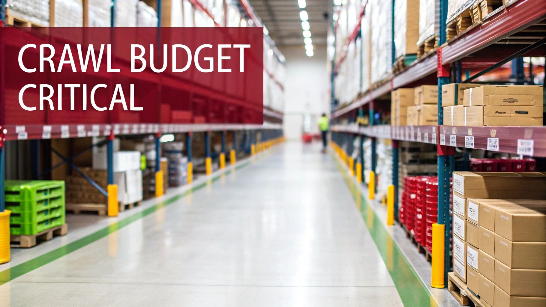 A large warehouse aisle with rows of shelves stocked with items, featuring 'CRAWL BUDGET CRITICAL' text overlay.