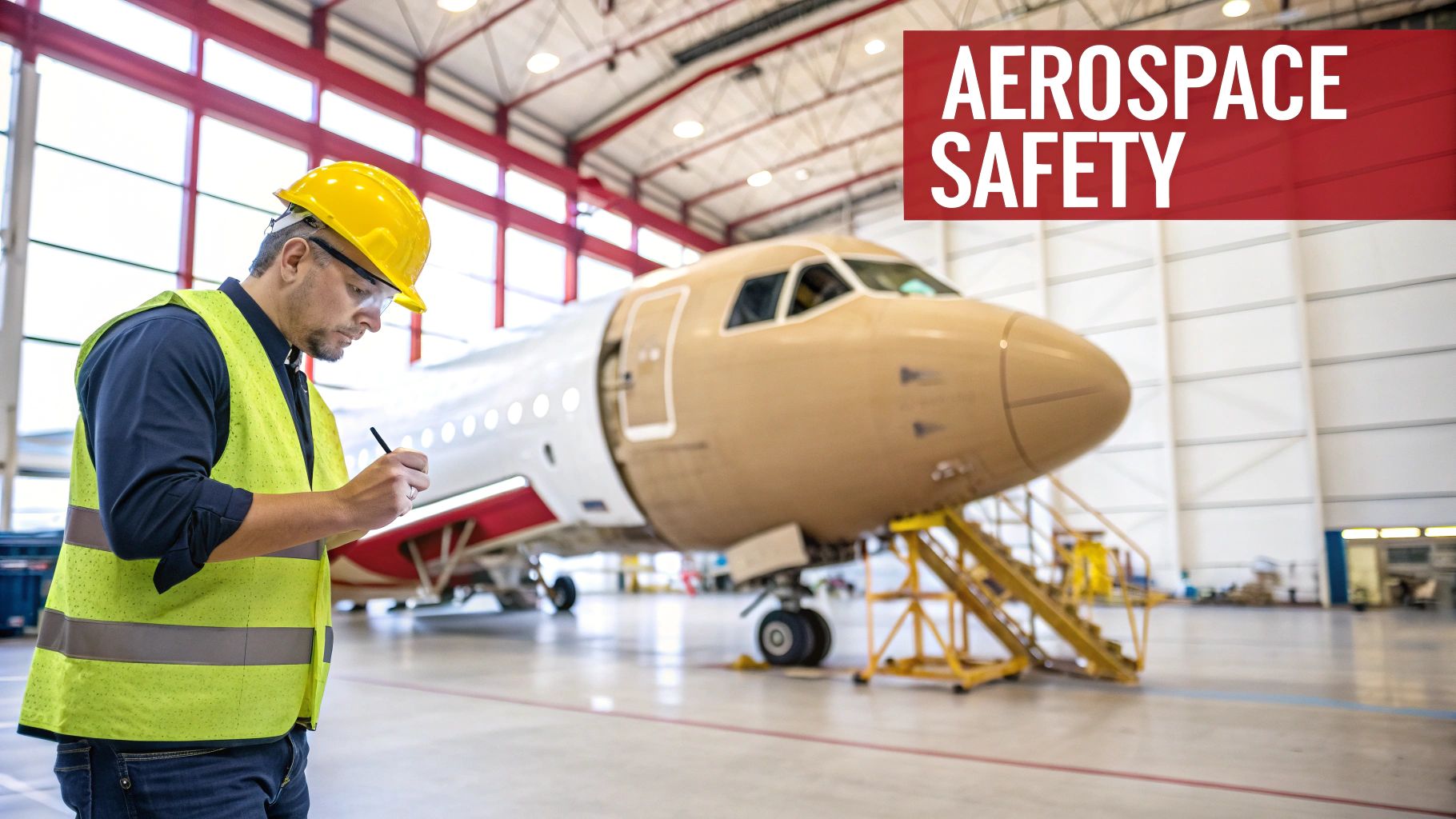 A man in a hard hat and safety vest inspects an airplane inside an aerospace hangar, highlighting safety.
