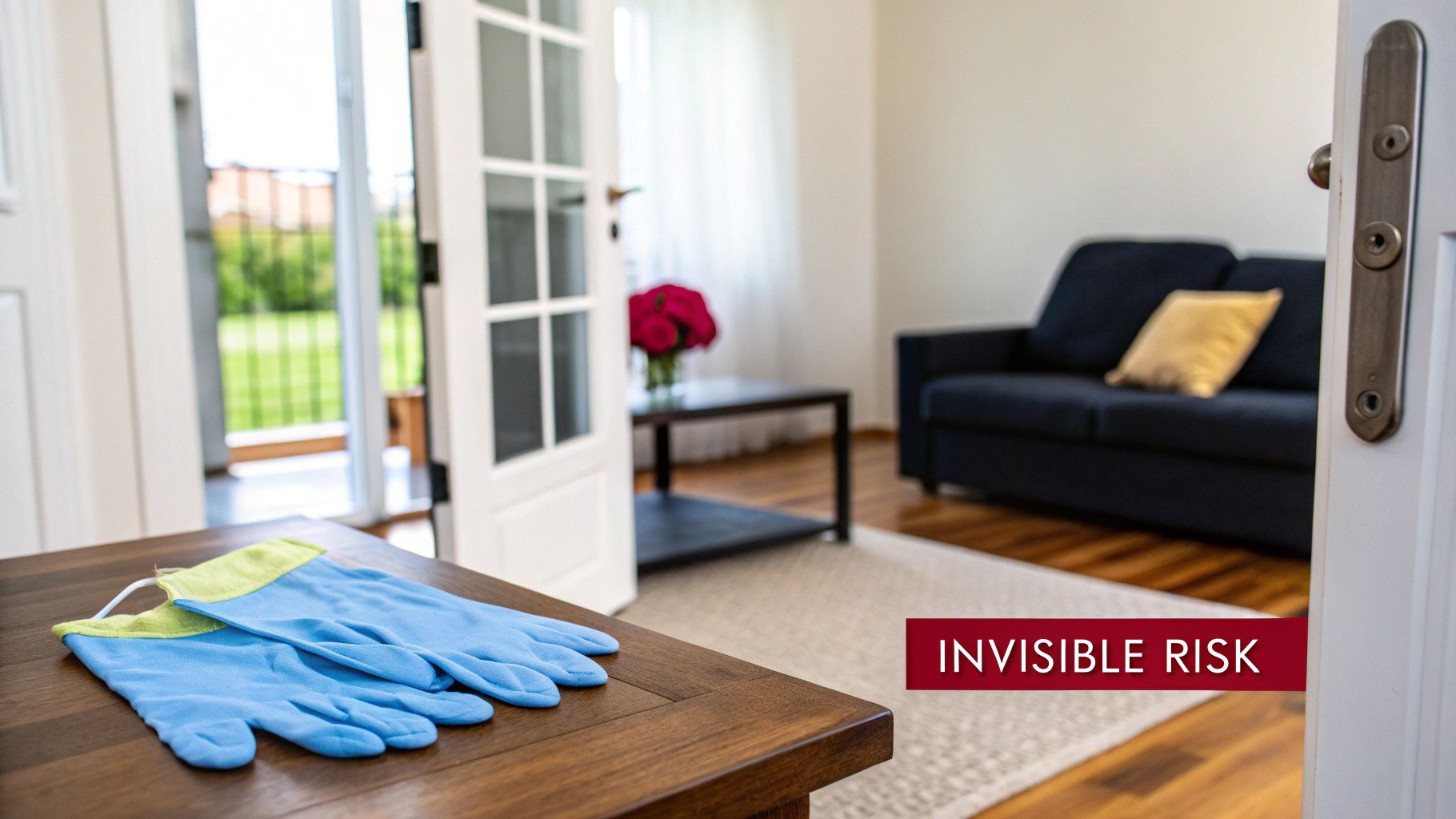 Blue and green cleaning gloves on a wooden table in a clean home with an "Invisible Risk" warning.