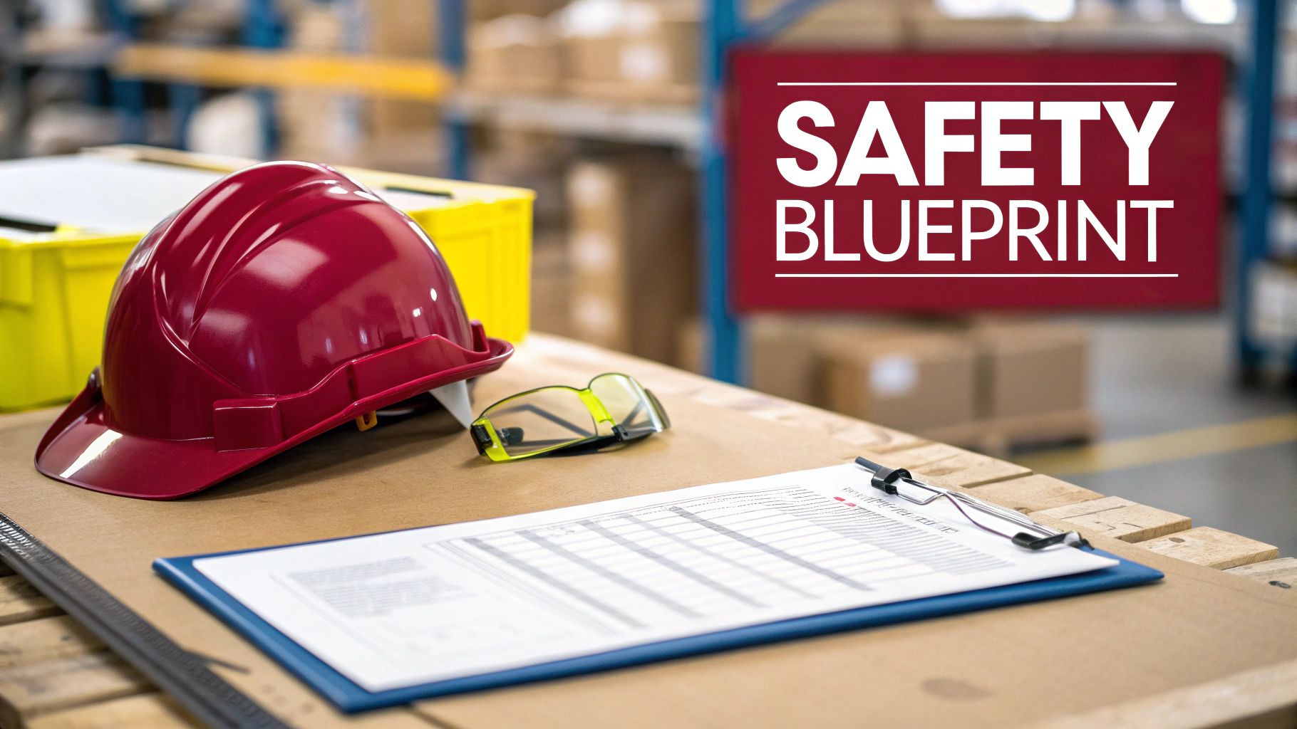 A red hard hat, safety glasses, and a clipboard with a document on a wooden table in a warehouse, with 'SAFETY BLUEPRINT' text overlay.