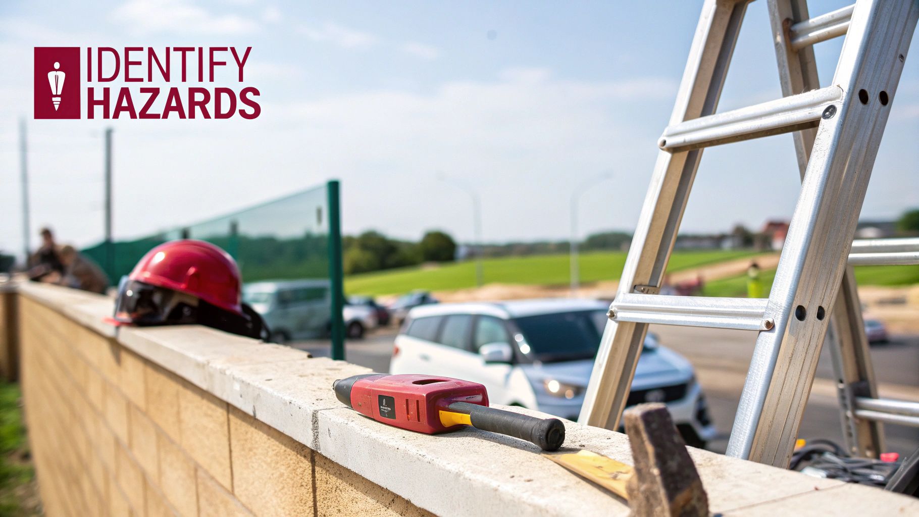 A construction site with a red hard hat, safety glasses, tools, and a ladder, highlighting hazard identification.