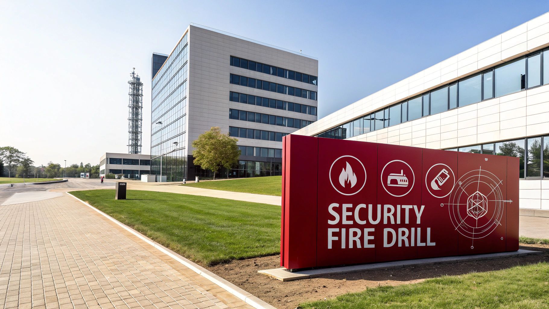 Modern corporate buildings with a red sign displaying 'SECURITY FIRE DRILL' and relevant icons.