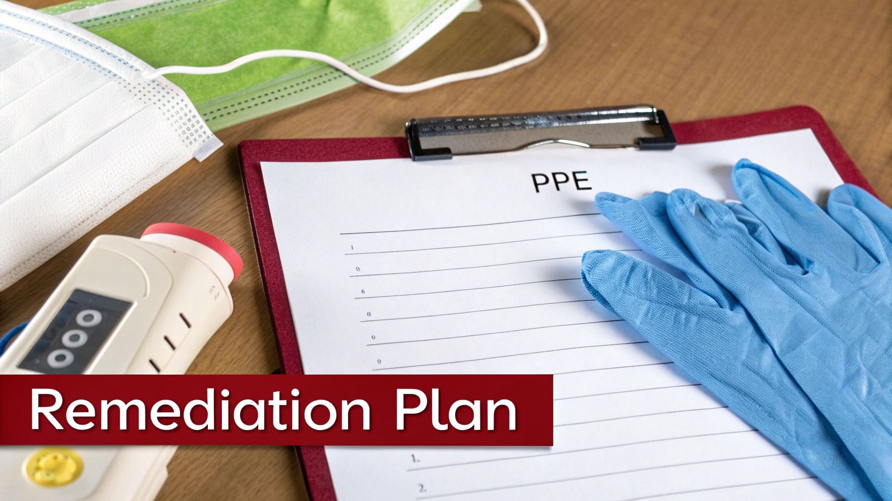 PPE document on a clipboard with blue gloves, face masks, and a device, titled Remediation Plan.