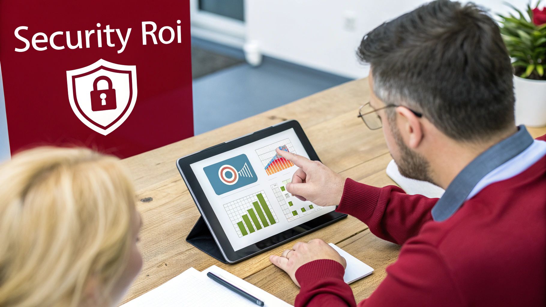 Two people analyzing computer security ROI data and business graphs on a tablet screen.
