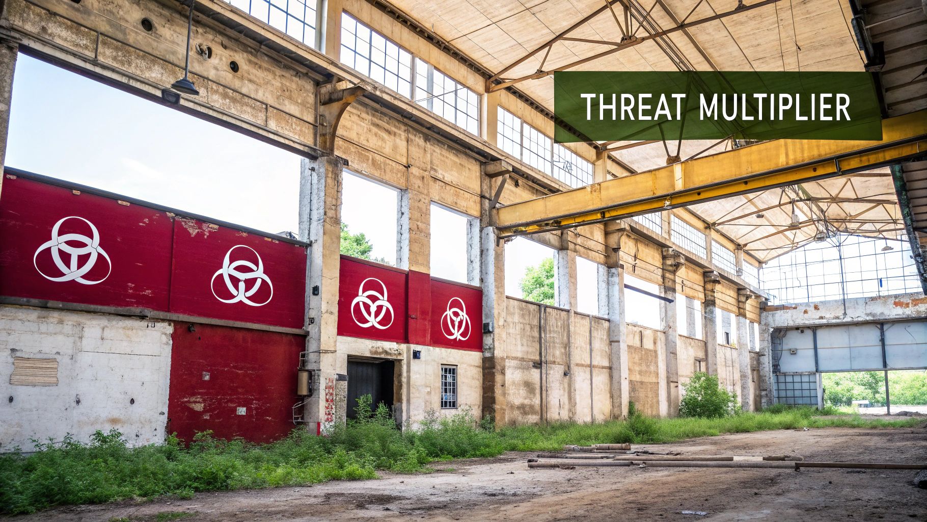 An abandoned industrial warehouse with red walls featuring white biohazard-like symbols, and a 'THREAT MULTIPLIER' overlay.