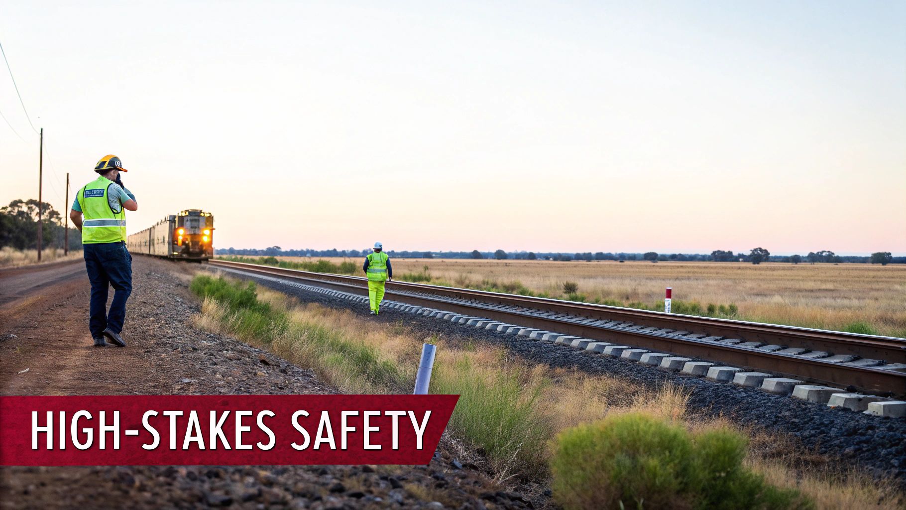 Workers in high-visibility gear near train tracks with an approaching train at dusk, highlighting rail safety.