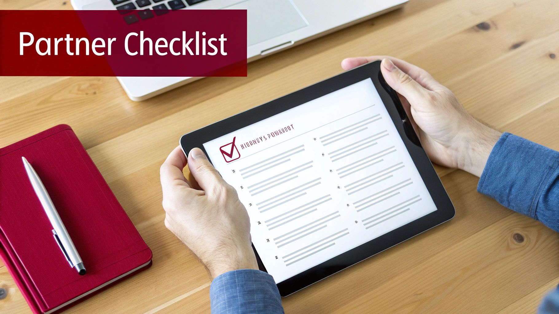 A person holds a tablet displaying a 'Partner Checklist' with a red checkmark on a wooden desk.