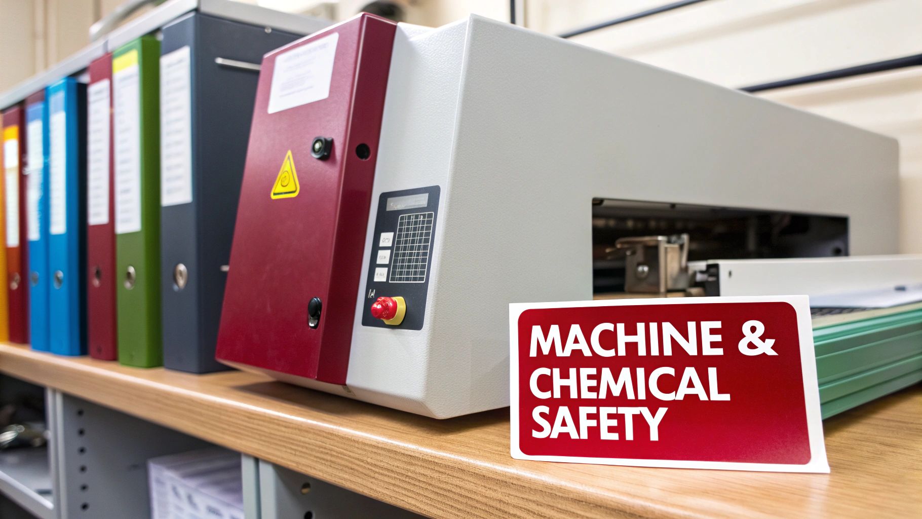 A machine and colorful binders on a shelf, with a red 'Machine & Chemical Safety' sign.