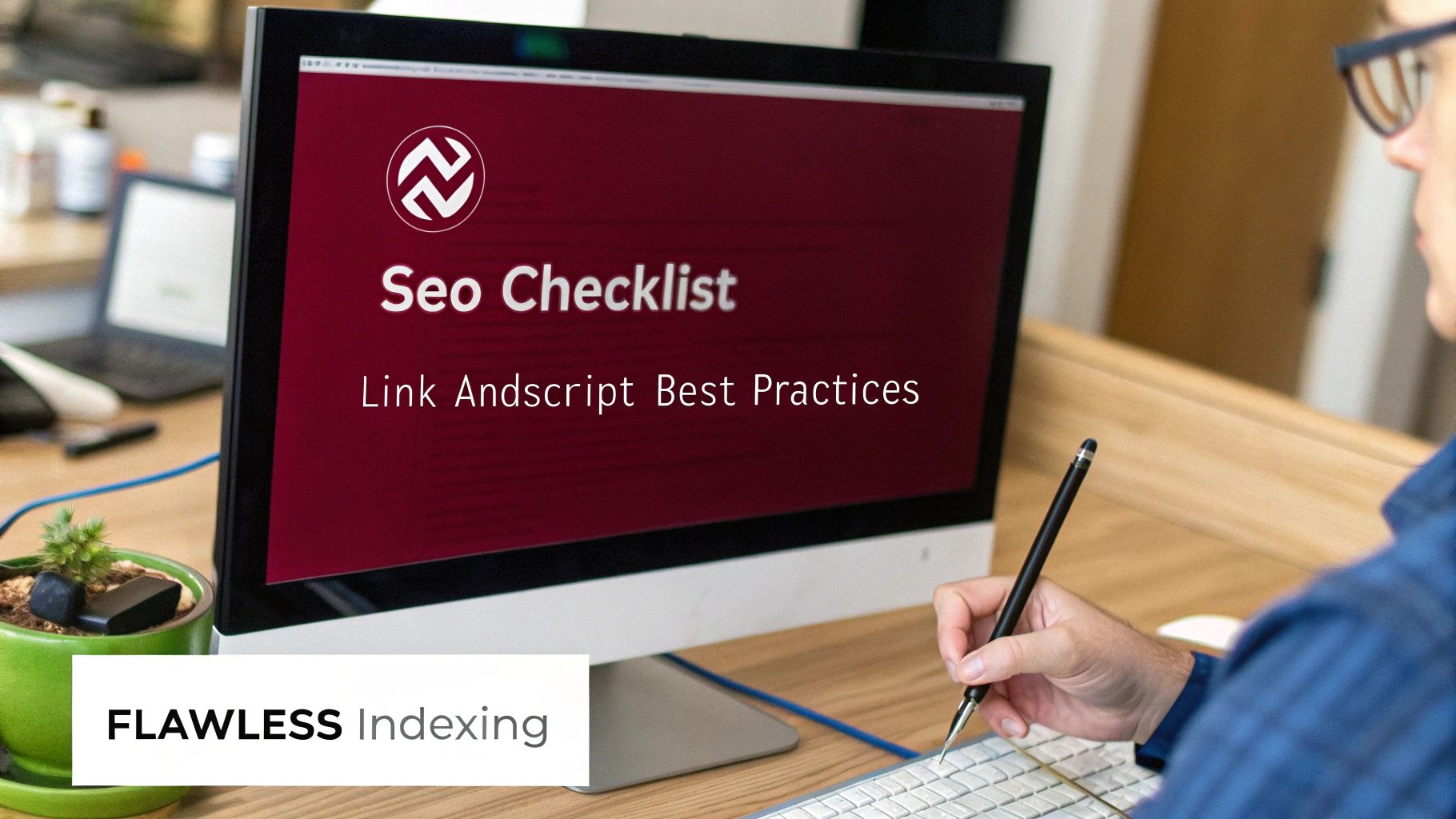 A person views a computer screen displaying an SEO checklist with link best practices and a logo.