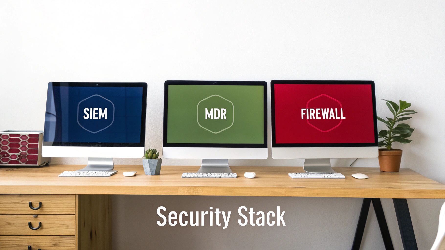 Three computer monitors on a wooden desk displaying SIEM, MDR, and Firewall, representing a security stack.