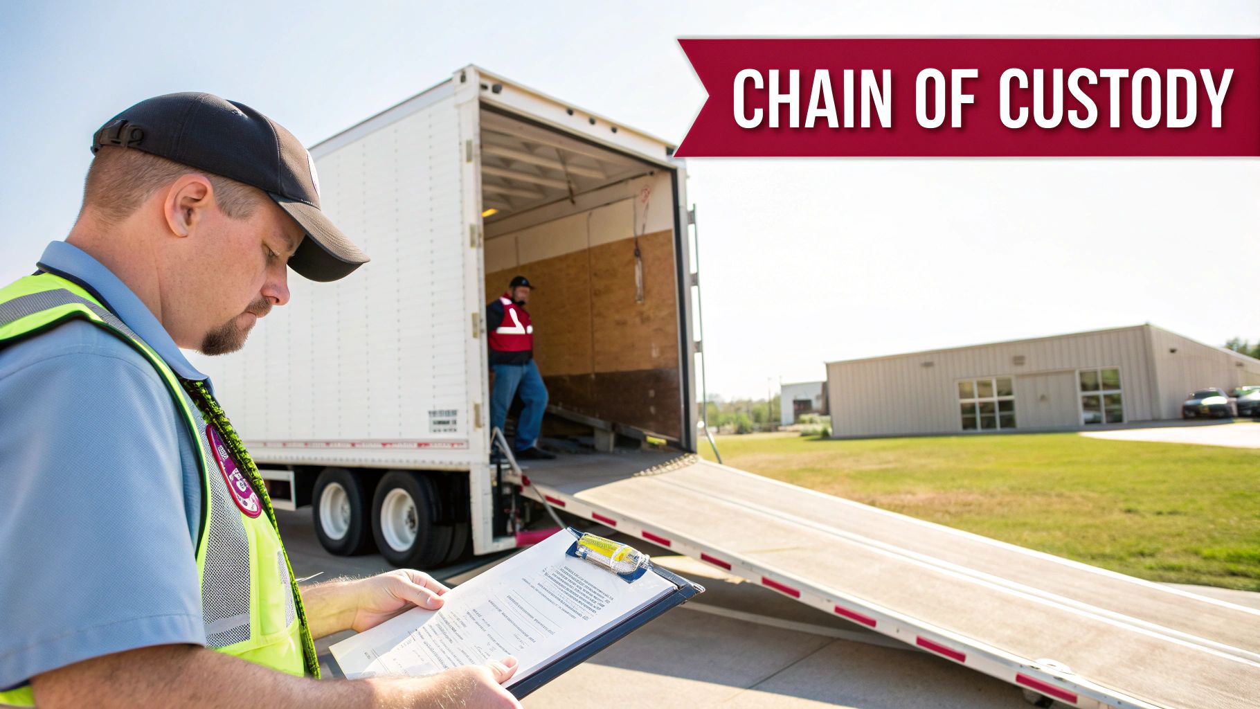Worker in high-visibility vest examining documents next to an open truck, indicating chain of custody.