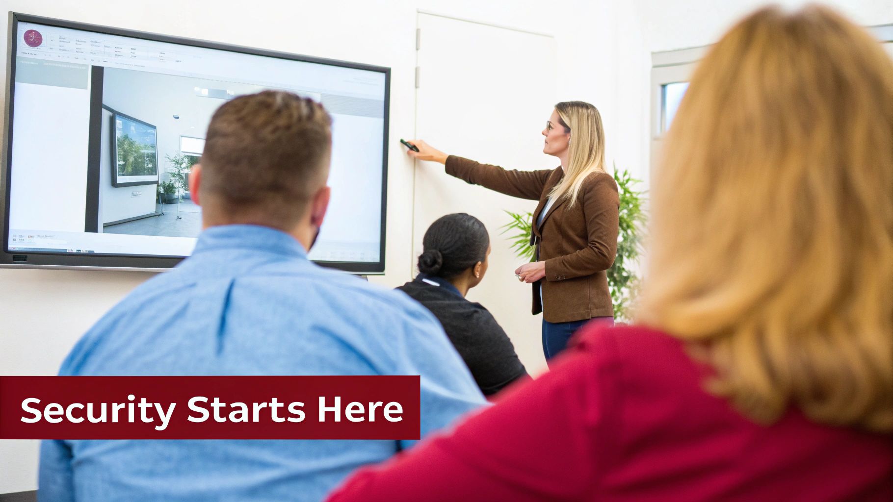 A female instructor points at a whiteboard during a security training session with a large screen.