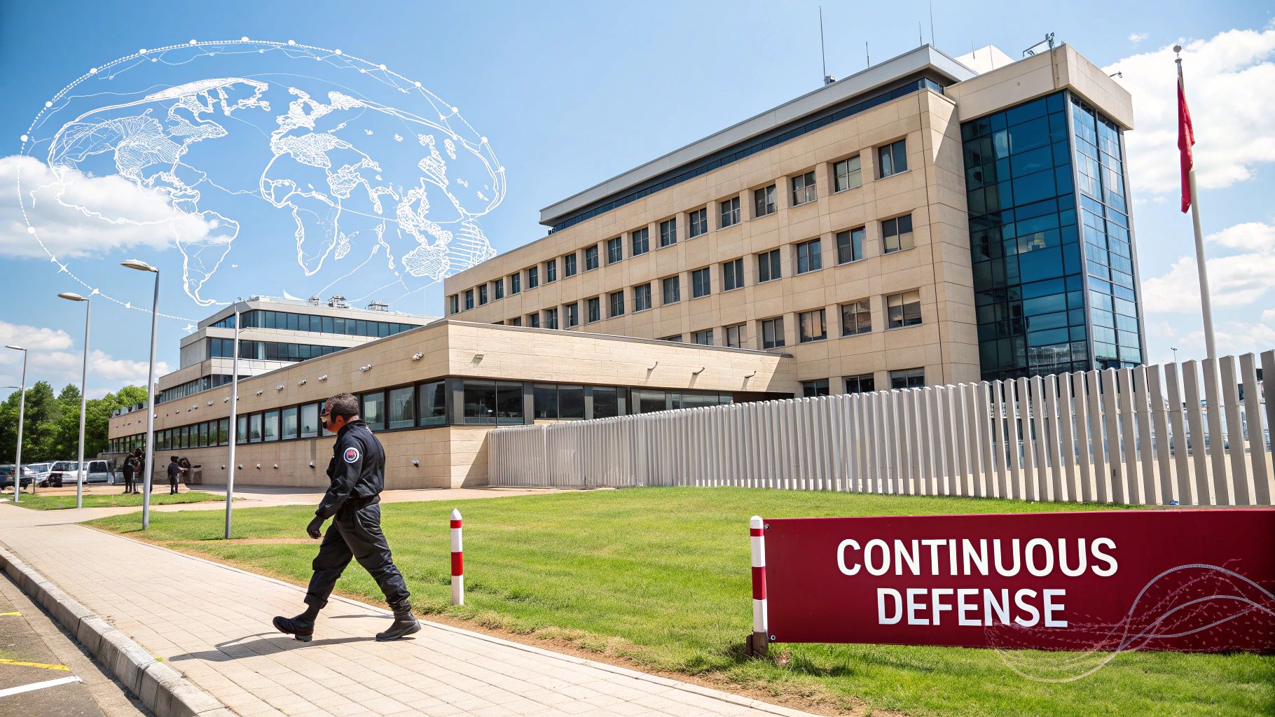 A security guard walks past a modern building with a "CONTINUOUS DEFENSE" sign and a global network graphic.