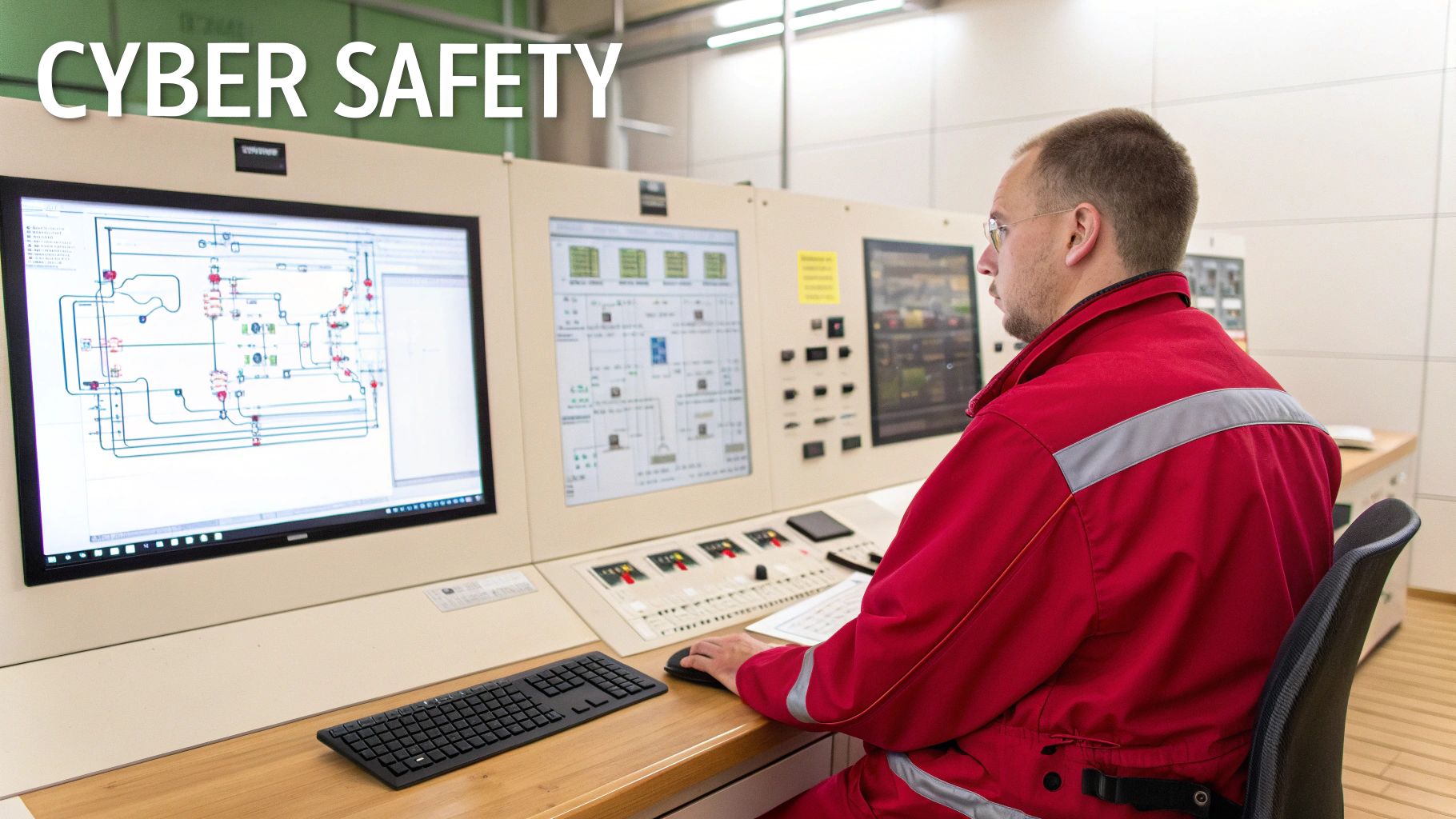 A man in a red uniform operates a control panel with multiple screens showing industrial diagrams, emphasizing cyber safety.