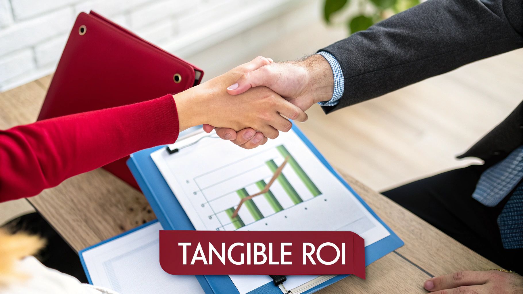 A chart showing upward financial growth held by a business professional, symbolising the return on investment from expert consultation.