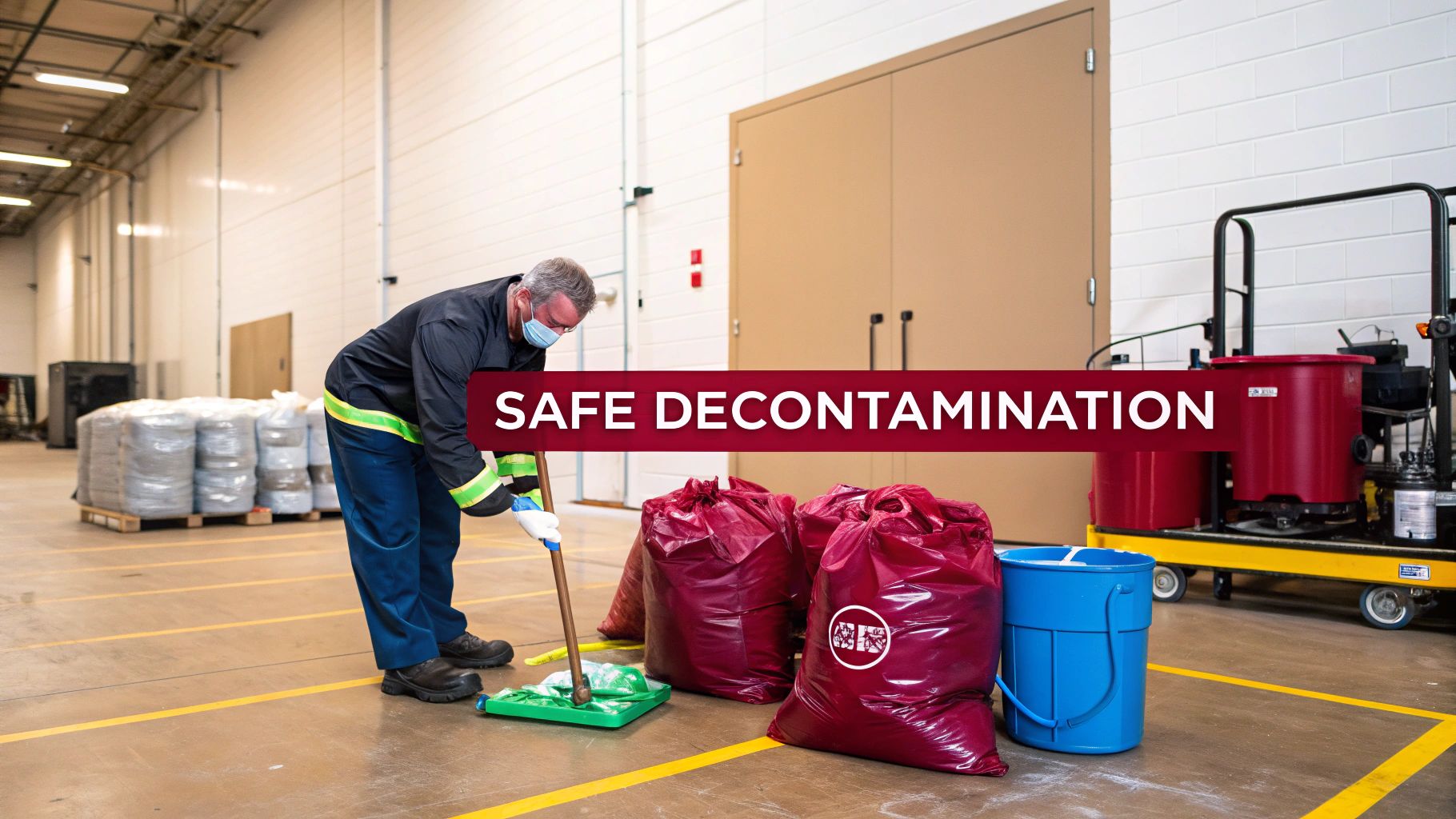 Man sweeping a floor in a warehouse, wearing PPE, next to biohazard waste bags, performing safe decontamination.