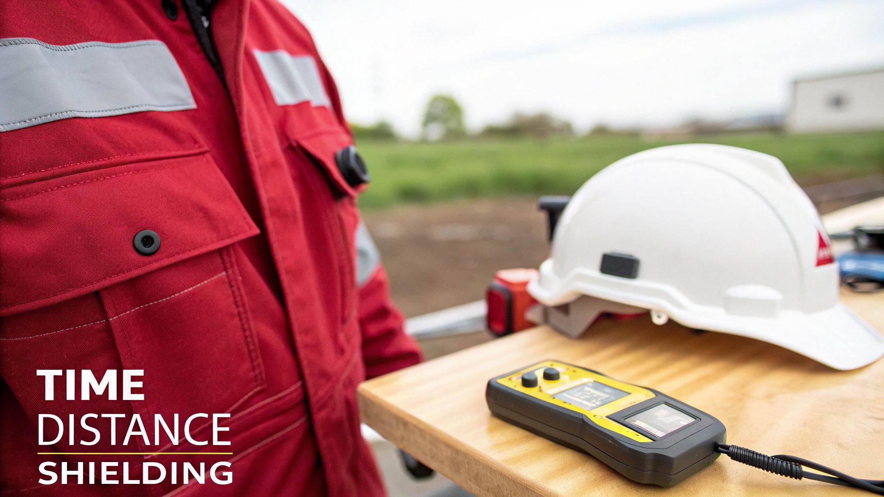 A worker in a red uniform, a white hard hat, and a radiation detector on a table outdoors, symbolizing safety.