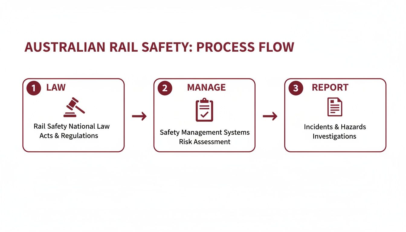 A three-step process flow illustrating Australian rail safety, from law and management to reporting.