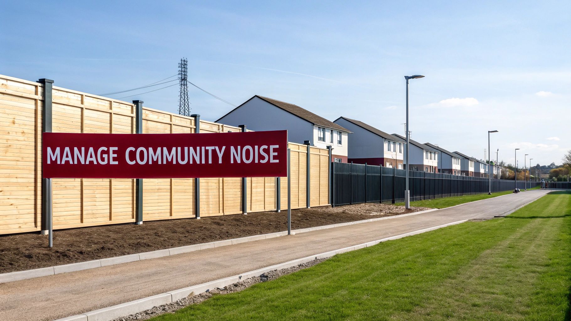 A red banner reading 'MANAGE COMMUNITY NOISE' next to a wooden fence and residential houses.