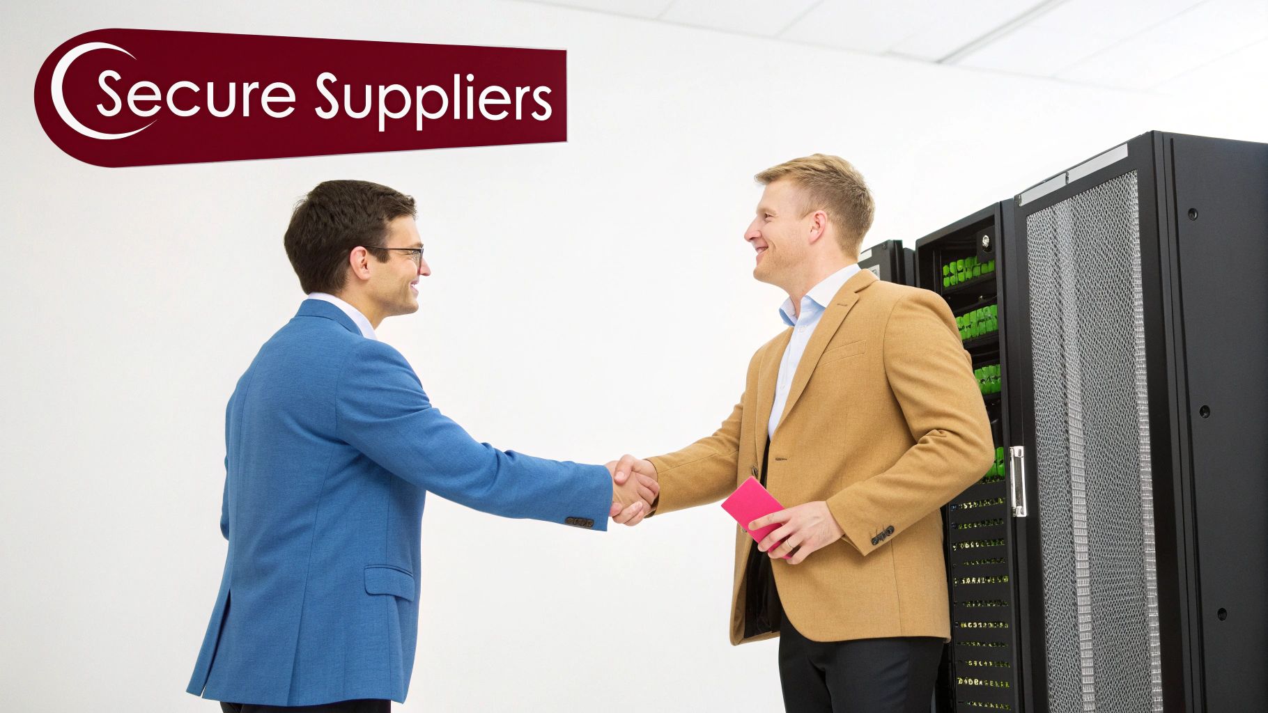 Two businessmen shaking hands in a data center, symbolizing secure supplier relationships and data security.