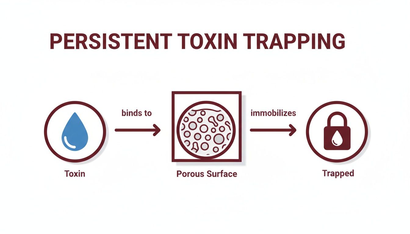 Diagram illustrating persistent toxin trapping: toxin binds to a porous surface, becoming immobilized.