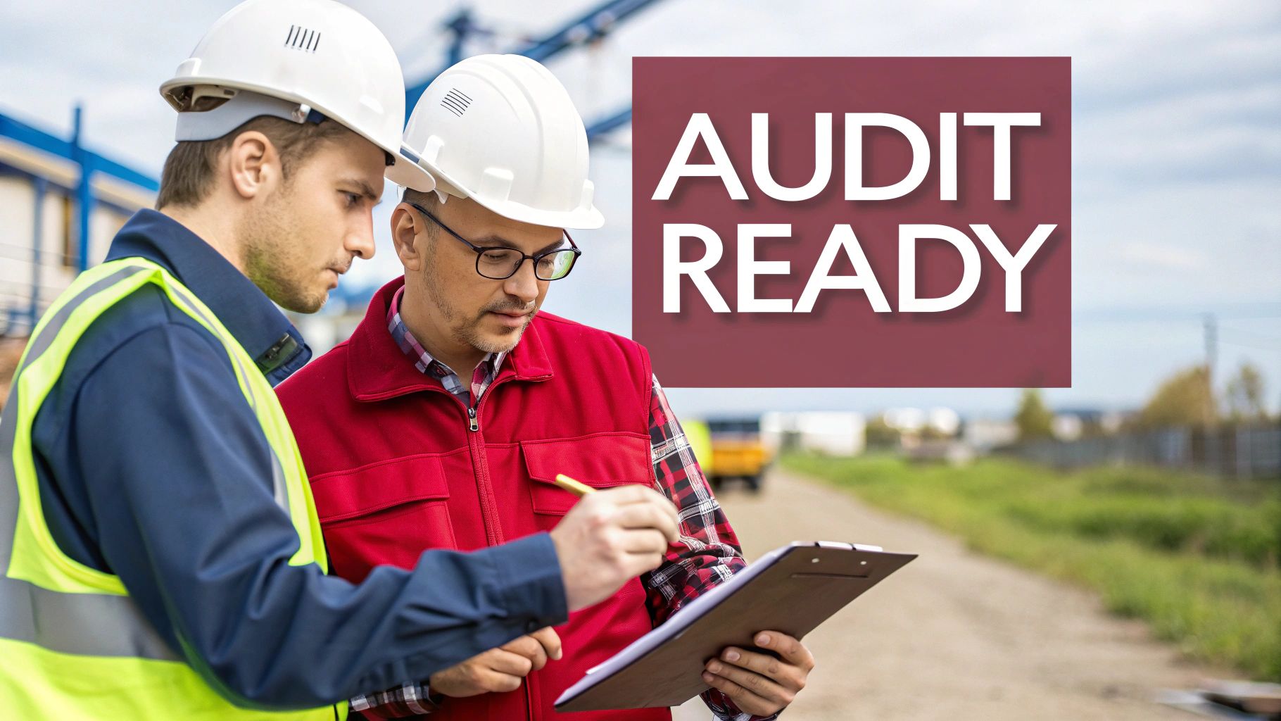 Two construction workers in hard hats and safety vests reviewing documents on a clipboard, signifying readiness.