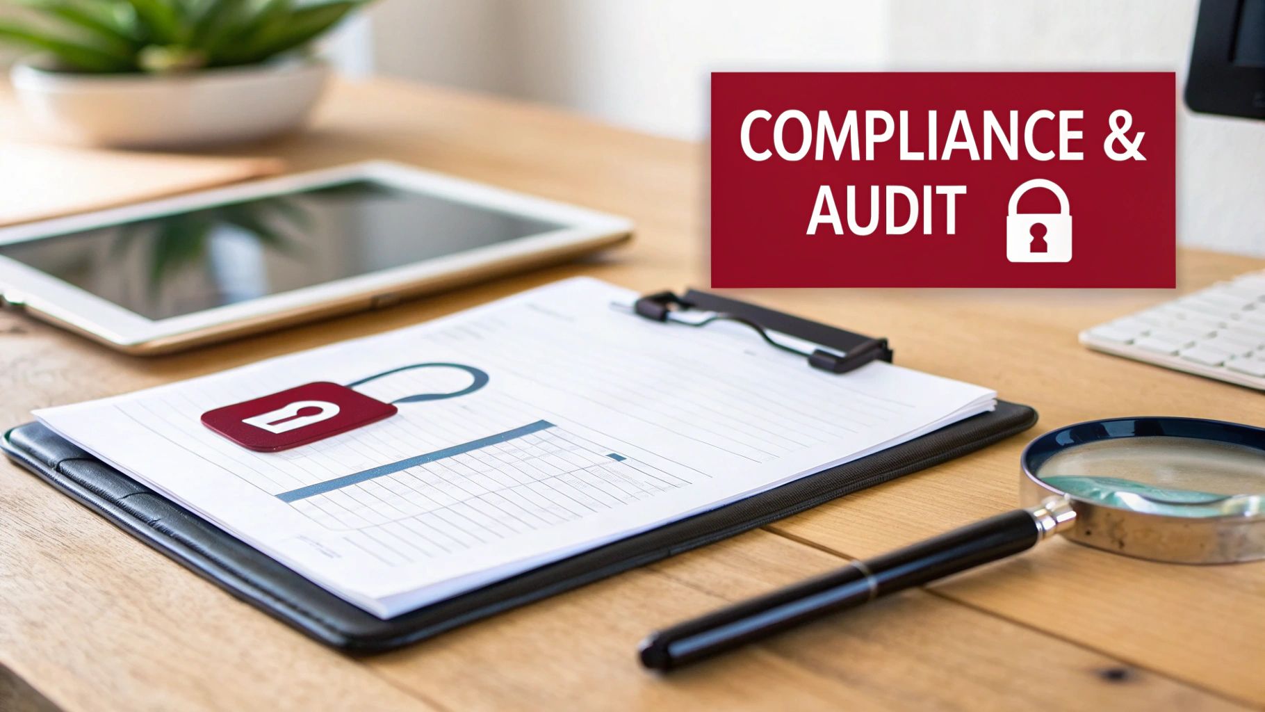 Desk setup with papers, a lock tag, magnifying glass, and a red banner saying 'Compliance & Audit'.