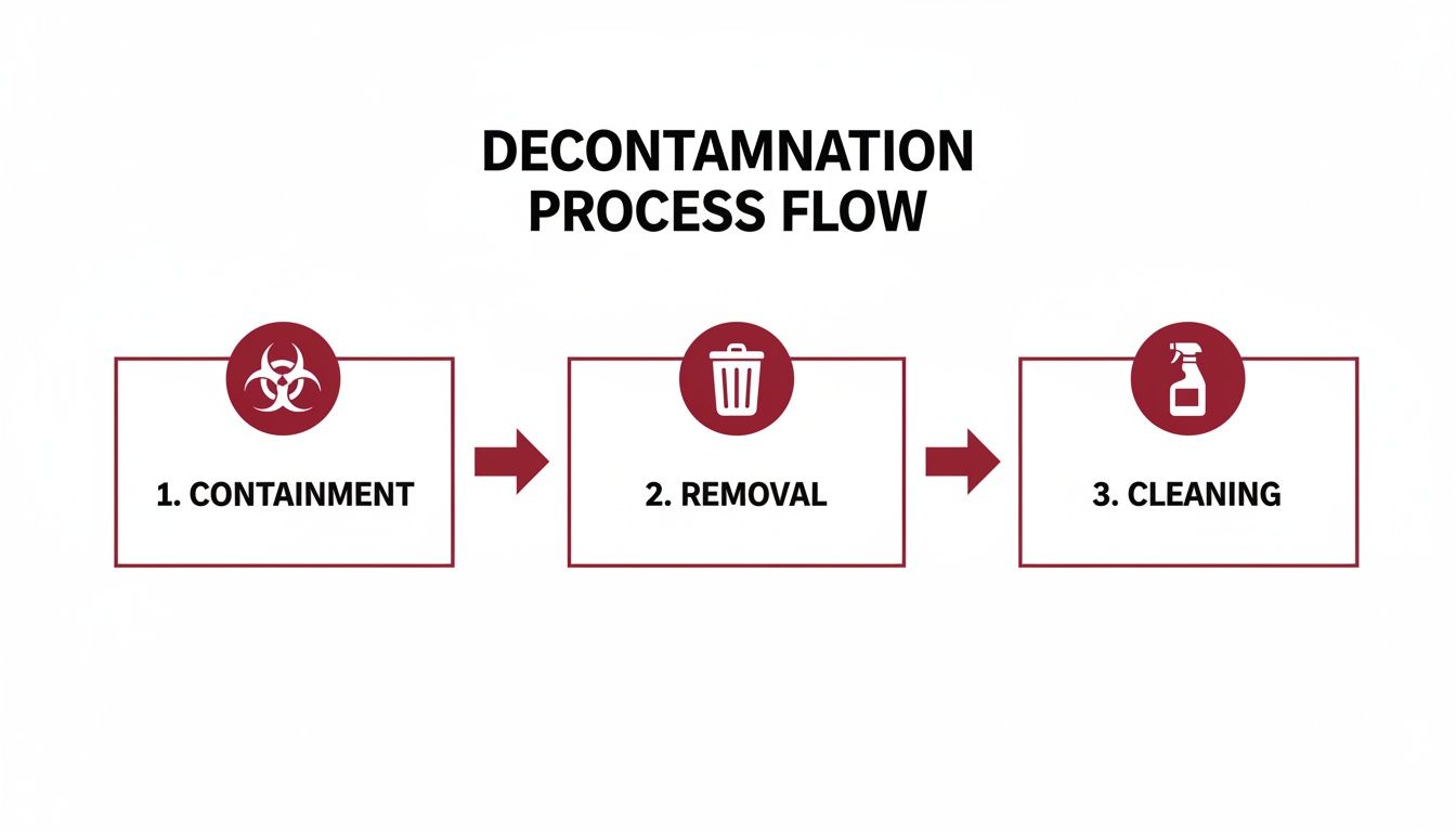 A diagram illustrating the three-step decontamination process: containment, removal, and cleaning.