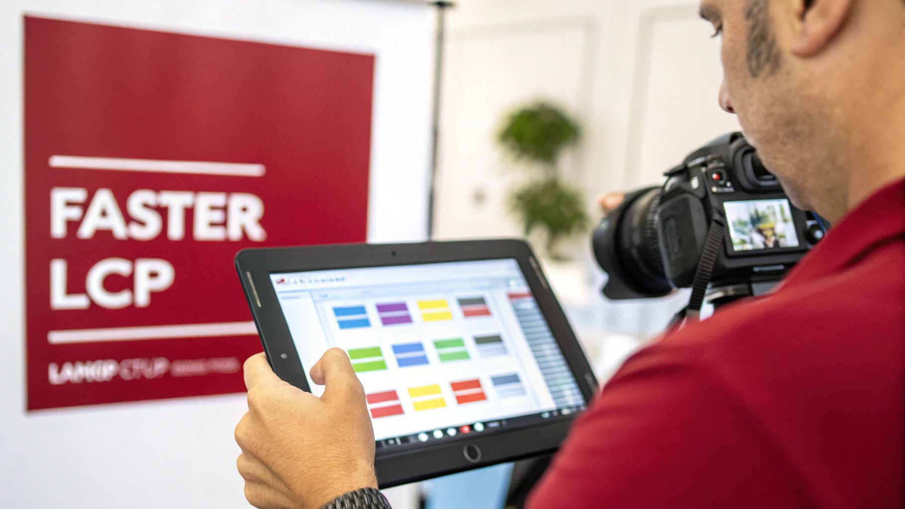 A man with a camera and tablet views performance data, next to a 'FASTER LCP' sign.