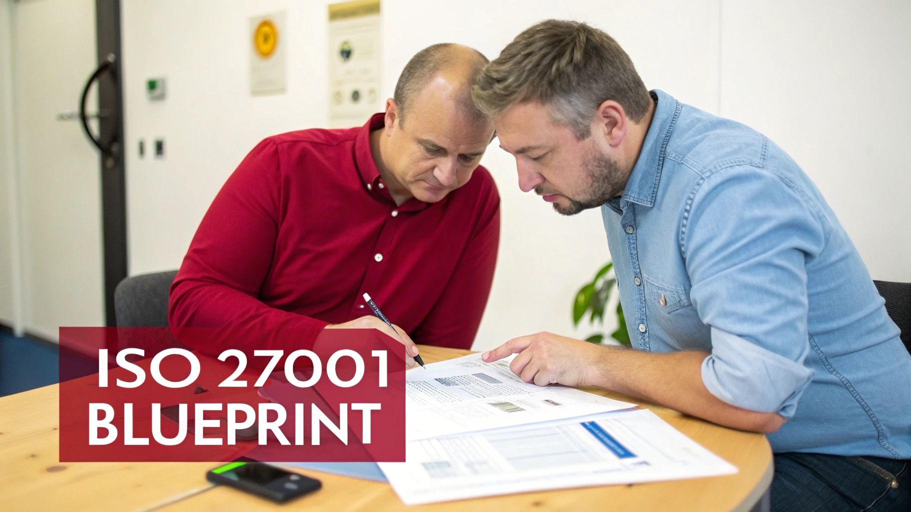 Two men reviewing an ISO 27001 blueprint document, collaborating at a wooden table.