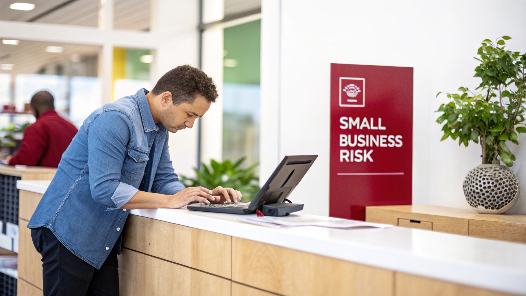A small business owner reviews cybersecurity risks on his laptop.