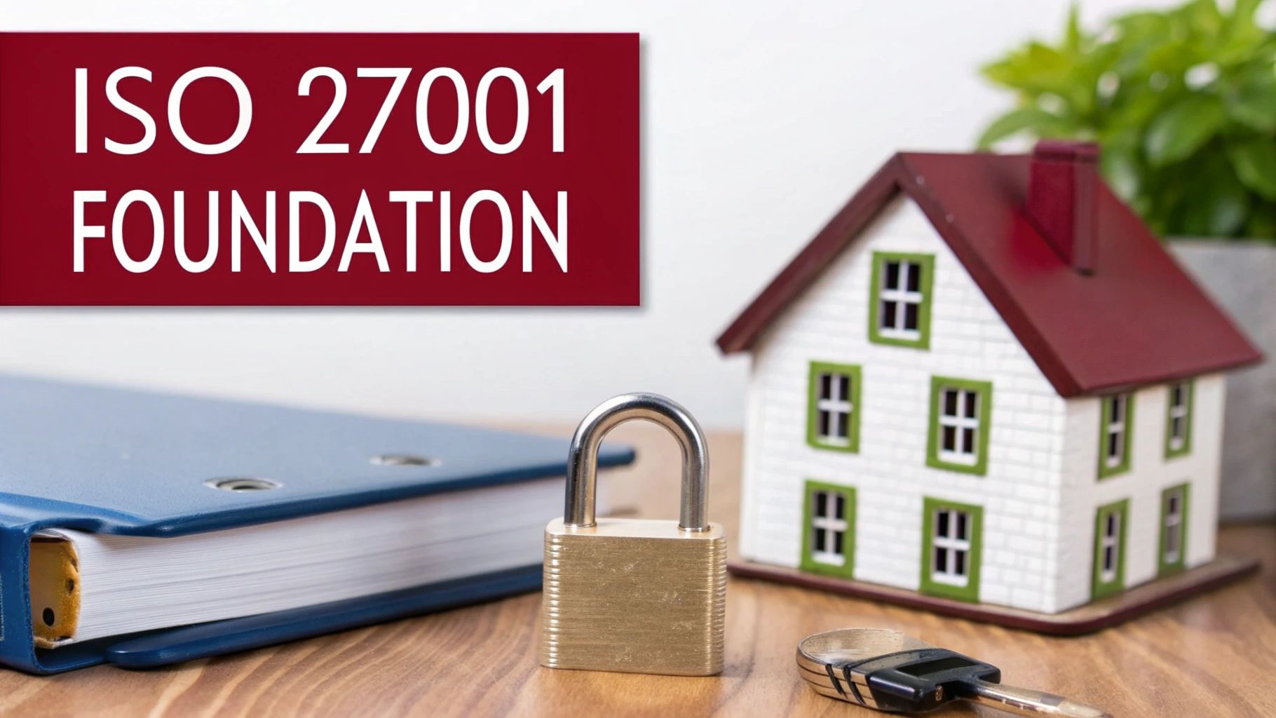 ISO 27001 Foundation banner with a padlock, house, and binder symbolizing information security.