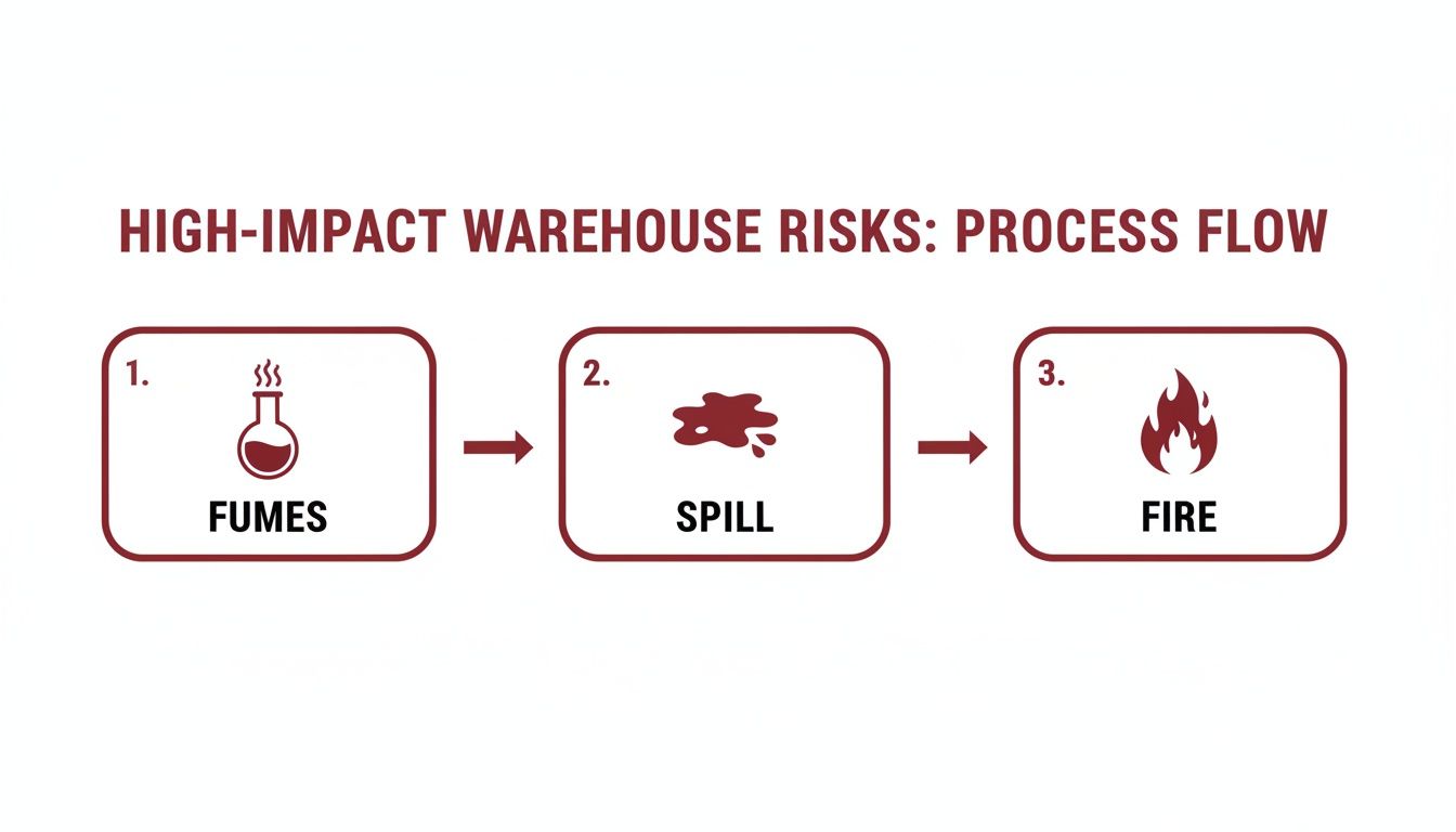 A process flow diagram illustrates high-impact warehouse risks: fumes leading to spill, then fire.