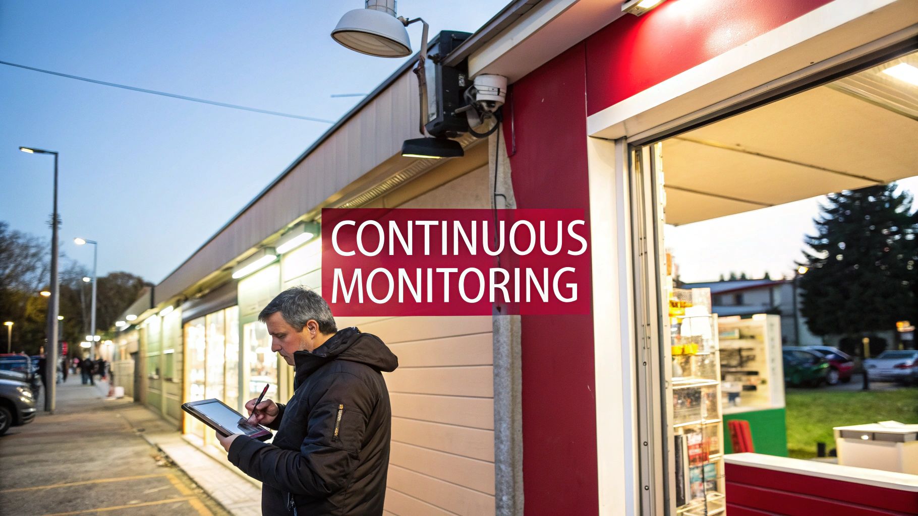 A man uses a tablet and stylus outside a building with surveillance cameras, overseeing continuous monitoring.