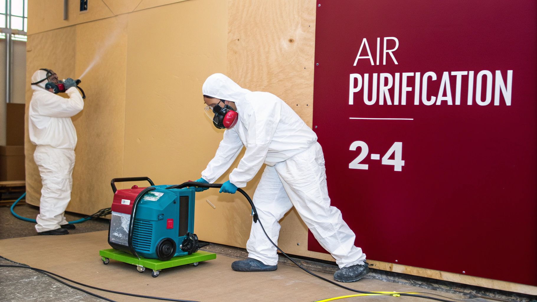 Workers in protective gear operating air purification equipment in a remediation setting.